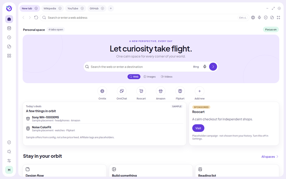 OrniWeb new tab, with the sidebar and the search field