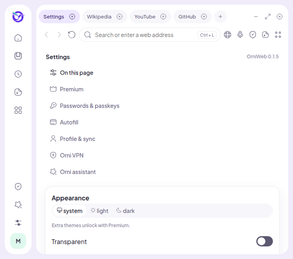 OrniWeb settings, including Transparent and Blur